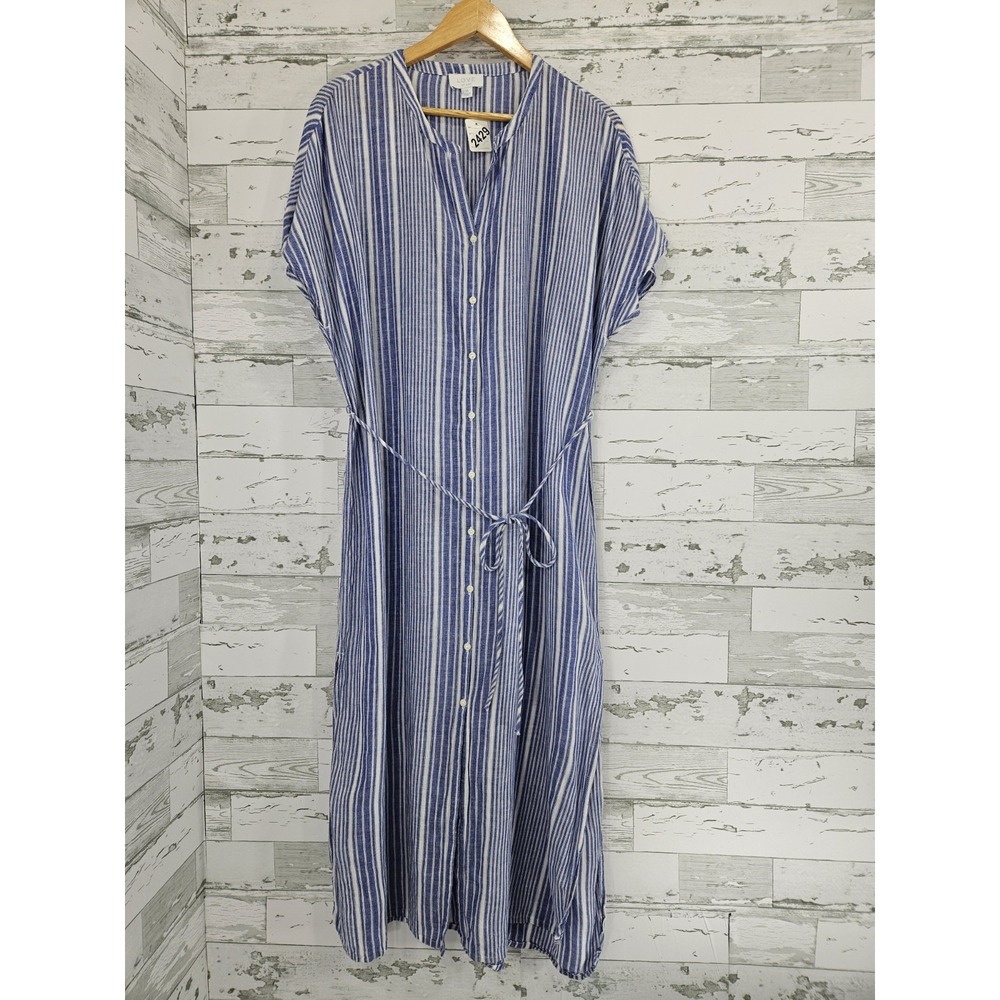 Love by Gap Crinkle Blue White Striped Button Front‎ Midi Dress Women Medium